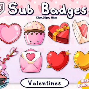Insignias de suscripción de Twitch de Kawaii Valentines / Insignias de suscriptor / Insignias de bit / ÚNICAS / Corazón, Cupcake, Flecha, Letra, Brillo, Rosa, Pastel, Bonitas