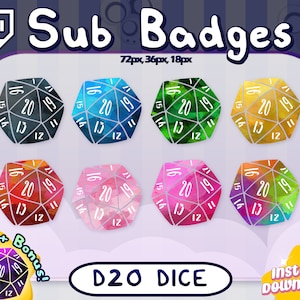 D20 Dice Twitch Sub Badges | Subscriber Badges | Bit Badges | Streamer | Colorful | Rainbow | UNIQUE | Dungeons and Dragons