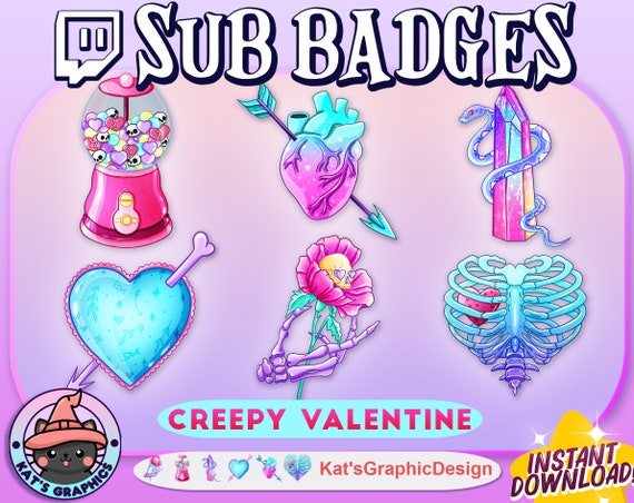 CREEPY VALENTINE'S Twitch Sub Badges | Subscriber Bit Badge, Discord Role Icons | Streamer, Pink, Spooky, Heart, Love, GumBall Gem Snake