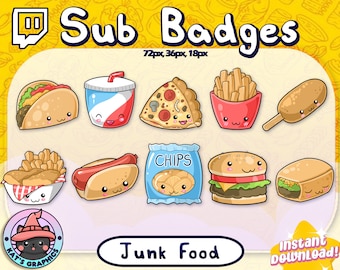 JUNK FOOD Twitch Sub Abzeichen | Abonnenten-Abzeichen | Gebissabzeichen | UNIKAT | Fast Food, Pommes, Taco, Soda, Burrito, Hot Dog, Pizza, Burger