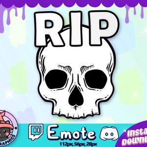 May include: A white skull with black eyes and a black nose. The skull has the word "RIP" written above it in white letters. The background is a light blue and purple gradient with white and green shapes.