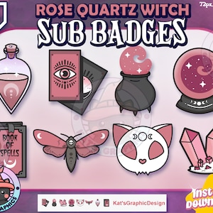 ROSE QUARTZ Witch Twitch Sub Badges | Subscriber Badges | Bit Badges | Streamer, Pink, Spooky, Emo, Witchery, Cat Skull, Crystal Ball V2