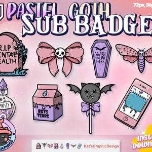 Emblemas de inscrição em tons pastel góticos da Twitch | Emblemas de assinante | Emblemas de bits | Streamer, rosa, assustador, emo, bruxaria, morcego, morte, lápide, caixa de leite