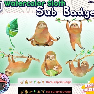 Puede incluir: Conjunto de ilustraciones de perezosos en acuarela para las insignias de suscripción de Twitch. Los perezosos están en varias poses, incluyendo meditando, colgando de una rama y sosteniendo un bebé perezoso. Las ilustraciones están en tonos de marrón, verde y blanco.