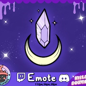 以下が含まれることがあります： 星が輝く夜空を背景に、三日月の上に紫色のクリスタルが置かれています。画像の下中央には「Emote」というテキストがあります。この画像は、TwitchまたはDiscordのエモート用です。