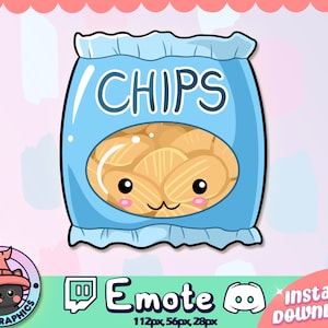 May include: A blue bag of chips with a cute cartoon face and the word "CHIPS" printed on the front. The bag is on a pink background.