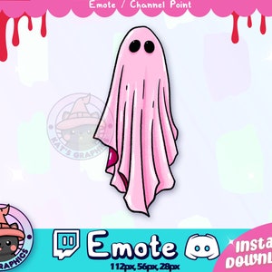 May include: Pink ghost emote for Twitch or Discord. The ghost is wearing a pink sheet with a cute face. The emote is available in three sizes: 112px, 56px, and 28px.