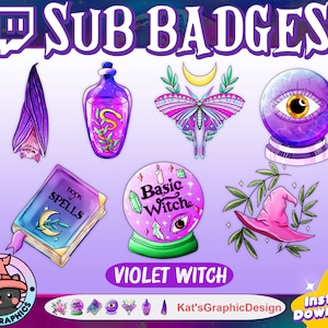 May include: A set of Twitch sub badges featuring a witch theme. The badges include a book of spells, a crystal ball, a bat, a potion bottle, a butterfly, a witch's hat, and a crystal ball with an eye. The text "Basic Witche" is on one of the badges. The text "Violet Witch" is at the bottom of the image.