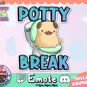 以下が含まれることがあります： 青い文字と緑の文字で「Potty Break」と書かれたトイレに座っている漫画のプードル犬。画像は、画像の下に「Emote 112px, 56px, 28px」というテキストが書かれたTwitchのイモートです。