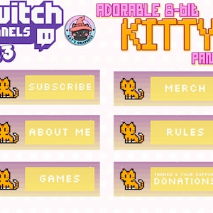 Paquete de 13 paneles/botones de Twitch de PIXEL CAT: transmisión, streamer, adorable, único, videojuego, pixelado, kawaii, chibi, adorable, 8 bits, naranja