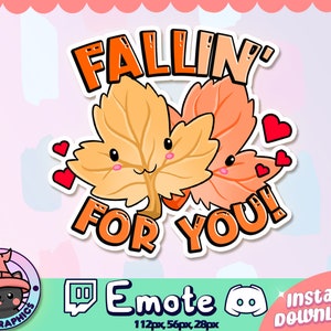 May include: A cartoon illustration of two autumn leaves with faces, one orange and one yellow, with the text "FALLIN' FOR YOU!" in a white outline. The leaves are surrounded by small red hearts. The text "Emote" is below the leaves, with the text "112px, 56px, 28px" below that. The text "instant download!" is on the right side of the image.