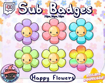 Könnte beinhalten: Sechs bunte Cartoon-Blumenabzeichen für Twitch-Abonnenten. Die Abzeichen sind in verschiedenen Farben, darunter Lila, Pink, Hellgrün, Gelb und Regenbogen. Der Text "Sub Badges" und "Happy Flowers" befindet sich oben bzw. unten im Bild. Der Text "72px, 36px, 18px" befindet sich unter "Sub Badges".