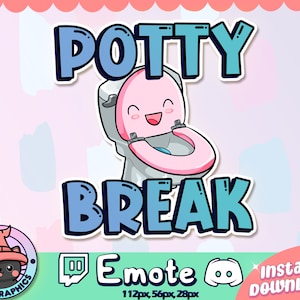 以下が含まれることがあります： 笑顔の顔をしたトイレの青とピンクの漫画のイラスト。トイレの上に「Potty Break」という文字があります。画像はTwitchとDiscordの顔文字です。