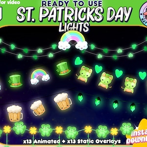 Flashing ANIMATED Aesthetic ST. PATRICKS Lights for Twitch Streamers Overlays | Animated Twinkle Fairy Lights Cats Rainbows Beer Pot of Gold