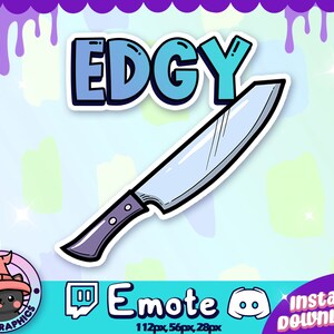 May include: A blue and white cartoon word "EDGY" with a knife sticking through it. The knife is silver with a black handle. The background is a light blue with white and green spots.