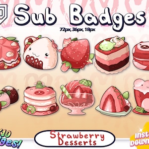 POSTRE DE FRESA Insignias de suscripción de Twitch / Insignias de suscriptor / Insignias de bit / Dulces, Kawaii, Lindo, Blando, Rojo/Rosa, Mochi, Pastel, Bayas, Coco