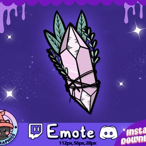 May include: A digital illustration of a pink crystal with green leaves and twine, set against a dark purple starry background. The word "Emote" is displayed with social media icons and a cute cat logo.