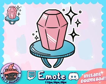 May include: A pink diamond ring emoji with a blue base and sparkling stars. The emoji is 112 pixels wide, 56 pixels high, and 28 pixels deep. The text "Emote" is below the emoji.