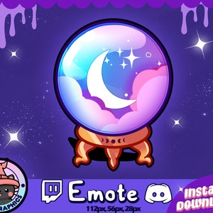 May include: A purple and blue crystal ball with a crescent moon and clouds inside, sitting on a gold stand with three legs. The background is a dark purple with white stars.