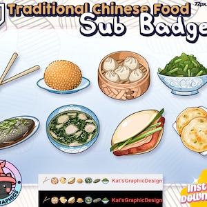 COMIDAS CHINAS TRADICIONALES Insignias de suscripción de Twitch / Insignias de suscriptor / Insignias de bit, ÚNICAS, Comida rápida, Sándwich, Palillos chinos, Cultura, Pescado, Ramen