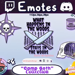 May include: A set of four purple and black digital emotes featuring a skull and crossbones, a skull with a forest inside, a knife and a forest, and a mug with the text "Ghost Stories Champion". The emotes are part of a "Camp Goth" collection.