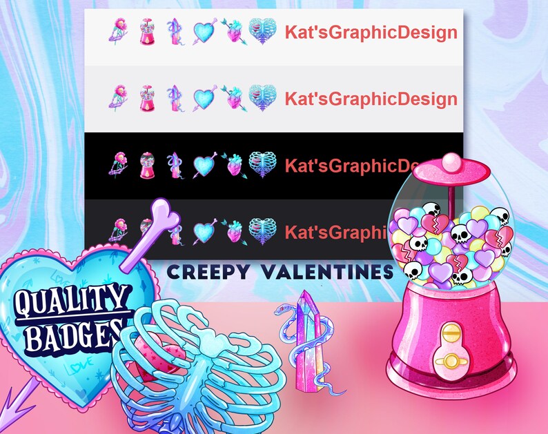 CREEPY VALENTINE'S Twitch Sub Abzeichen | Abonnenten Bit Abzeichen, Discord Rolle Icons | Luftschlangen, Pink, Grusel, Herz, Liebe, GumBall Edelstein Schlange Bild 2