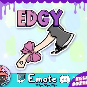 May include: A pink and purple cartoon word "EDGY" with a white outline. Below the word is a cartoon axe with a pink bow. The axe is dripping black liquid. The background is a light blue with purple and green spots.