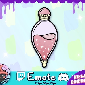 May include: A pink and purple potion bottle with a pink lid and white stars inside. The bottle is in a cartoon style and has a light blue background.