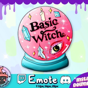 May include: A pink and blue crystal ball with a candle, feathers, and a single eye inside. The text "Basic Witch" is written on the ball.