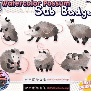 May include: Set of eight watercolor possum illustrations, perfect for Twitch channel badges. Each possum is depicted in a different pose, with a cute and whimsical style. The illustrations are in shades of gray and brown, with a watercolor texture.