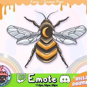 May include: A cartoon bee with a crescent moon on its forehead and yellow and brown stripes on its body. The bee has white wings and is set against a pink background with a rainbow in the background.