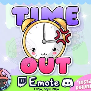 May include: A purple and pink animated Twitch emote featuring a cartoon alarm clock with a frustrated expression. The clock has a white face with black hands and a yellow case. The text "TIME OUT" is written in pink letters.