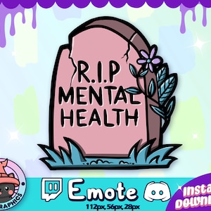 RIP MENTAL HEALTH Twitch + Discord Emote | Channel Points, Streamer Emoji, Cute, Stream, Meme, Chat, Goth, Pink, Emo Tombstone, Kawaii Funny