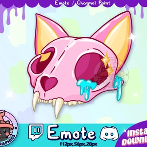 Puede incluir: Cráneo de gato rosa con pintura azul goteando y estrellas doradas. El cráneo tiene una forma de corazón en su pecho. La imagen es para un emote de Twitch o Discord. El texto "Emote" está debajo de la imagen con las dimensiones "112px, 56px, 28px".