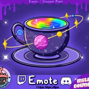 May include: A digital illustration of a purple teacup with a rainbow-colored liquid inside, surrounded by planets and stars. The teacup sits on a matching saucer against a starry background. Text includes "Emote" and "Instant Download!"