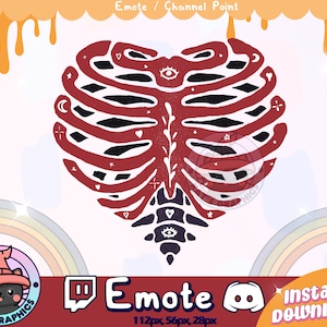 May include: A red and black heart-shaped ribcage with a floral design and various symbols, including stars, hearts, and eyes. The image is for a Twitch emote, available in three sizes: 112px, 56px, and 28px.