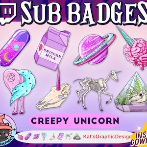 CREEPY UNICORN Twitch Sub Badges | Subscriber Bit Badge, Discord Role Icons | Streamer, Plants, Vaporwave, Planets, Space, Plants, Milk
