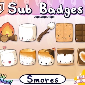 SMORES Twitch Sub Badges | Subscriber Badges | Bit Badges | Sweets, Dessert, Kawaii, Fire, Chocolate, Marshmallow, Squishy, Cute, KAWAII