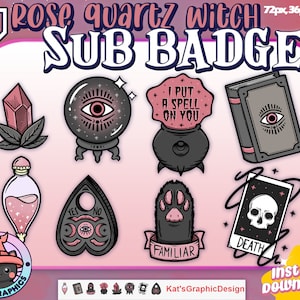 May include: A set of 10 Twitch sub badges featuring a pink and black colour scheme with witchy themes. The badges include a crystal, a potion bottle, a ouija board, a cat paw print, a tarot card, a book, a cauldron, and a crystal ball.