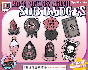 Rose Quartz Witch TWITCH Sub Badges, Subscriber Bit, Bits, Streamer, Cute Pink Spooky, Emo, Witchery, YouTube, Discord Roles, Celestial, Cat