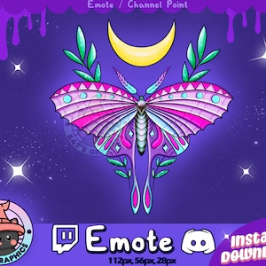 CUTE MOON Moth EMOTE for Twitch + Discord | Channel Points | Streamer, Emoji, Cute, Stream, Chat, Goth, Witch, Icon, Magical, Bug, Insect