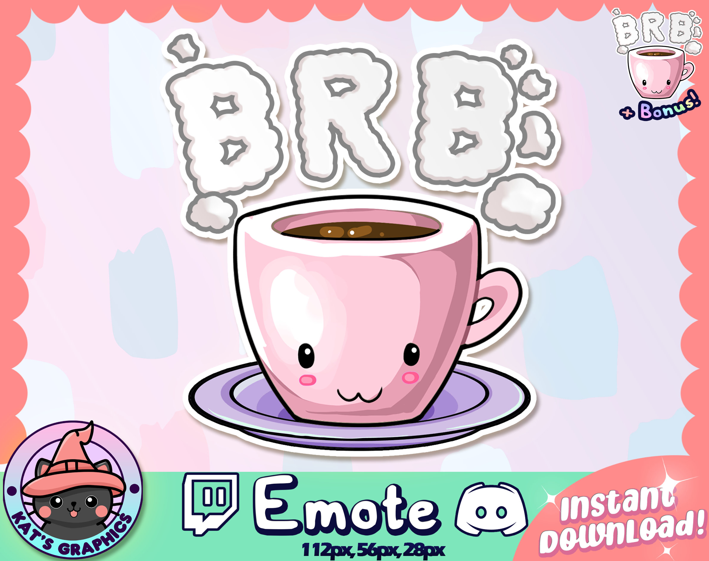 BRB PINK かわいい湯気の立つコーヒーと紅茶のTwitch + Discord絵文字 | チャンネルポイント |  ストリーマー、絵文字、アイコン、かわいい、ストリーム、チャット、面白い、ユニークなラテ - Etsy 日本