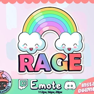 May include: A rainbow with clouds and a smiling face, with the word "RAGE" in rainbow colors. The image is a Twitch emote, 112px by 56px by 28px.