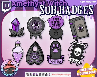 May include: A set of nine purple and black illustrated Twitch sub badges featuring various witchy themes, including a crystal, a potion bottle, a tarot card, a familiar paw print, a cauldron, a book, a Ouija board, a crystal ball, and a skull. The text "I put a spell on you" is on the cauldron. The text "YES NO" is on the Ouija board. The text "FAMILIAR" is on the paw print. The text "DEATH" is on the tarot card.