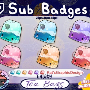 Galaxy Kawaii TEA BAGS Twitch Sub Badges | Subscriber Badges | Bit Badges | UNIKALNY, Uroczy, Streamer, Uroczy, Gwiazdy, Księżyc, Chmury, Iskra