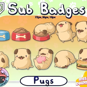 KAWAII PUGS Twitch Sub Badges | Subscriber Badges | Bit Badges | Funny, Derp, Dog, Paw Prints, Food, Adorable, Pet, Animals, Burger, Heart