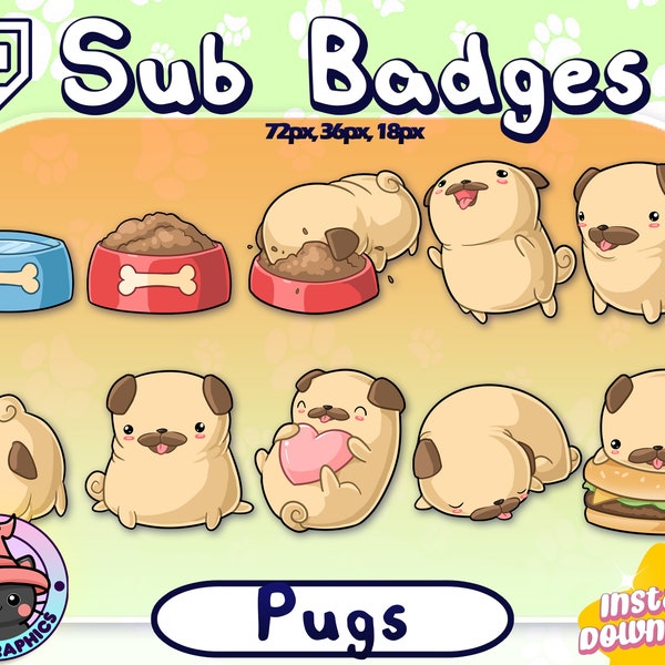 KAWAII PUGS Twitch Sub Badges | Subscriber Badges | Bit Badges | Funny, Derp, Dog, Paw Prints, Food, Adorable, Pet, Animals, Burger, Heart