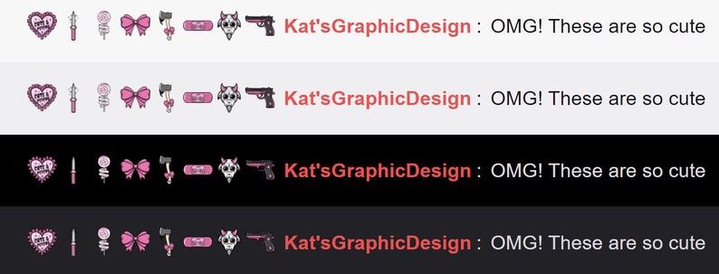 May include: A row of eight pink and black graphic design elements, including a heart, a knife, a lollipop, a bow, an axe, a bandage, a skull, and a gun. The text "Kat'sGraphicDesign: OMG! These are so cute" is below the row of elements.