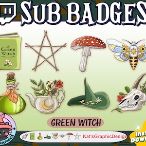 May include: A set of 8 green witch themed Twitch sub badges. The badges include a book, a pentagram, a mushroom, a moth, a potion bottle, a teapot, a witch hat, and a skull. The badges are all in a cartoon style and have a green and white colour scheme.