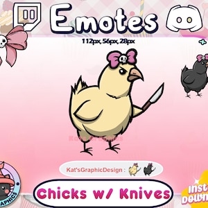 Puede incluir: Dos emojis de pollo de dibujos animados con lazos rosas y cuchillos. El primer emoji es un pollo amarillo con un lazo rosa y una calavera. El segundo emoji es un pollo negro con un lazo rosa. Ambos emojis sostienen un cuchillo. El texto "Chicks w/ Knives" está debajo de los emojis.